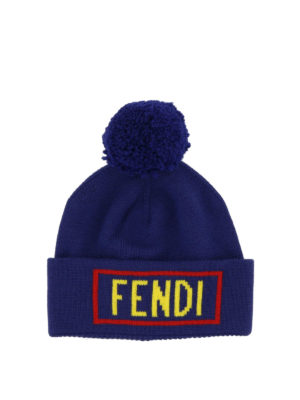 FENDI: berretti - Berretto in lana blu con intarsio Fendi