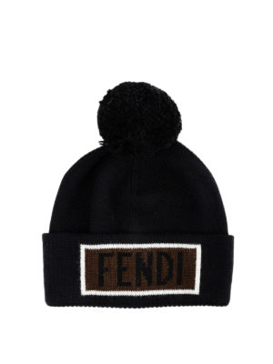 FENDI: berretti - Berretto in lana nera con pompon e logo