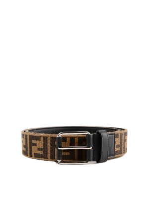FENDI: cinture - Cintura in canvas con motivo FF e pelle