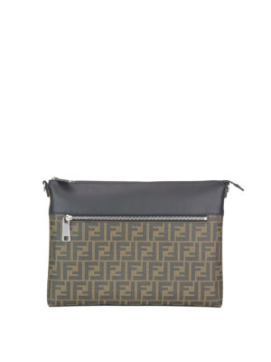 FENDI: pochette - Pochette FF in tessuto marrone