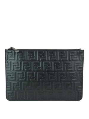 FENDI: pochette - Clutch in pelle nera con FF goffrato