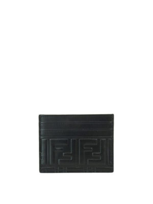 FENDI: portafogli - Portacarte in pelle nera con FF in rilievo