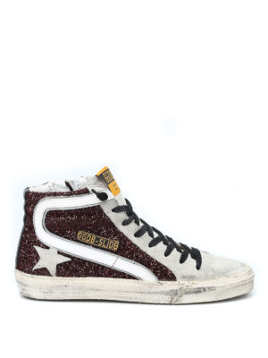 GOLDEN GOOSE: sneakers - Sneaker Slide in pelle glitterata bordeaux