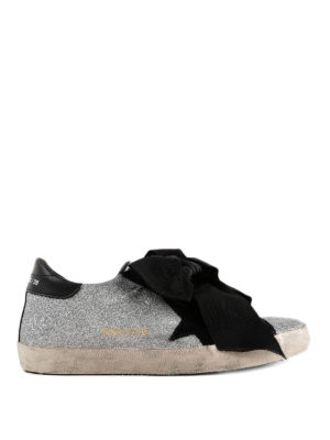 GOLDEN GOOSE: sneakers - Sneaker Superstar glitter argento con nastro
