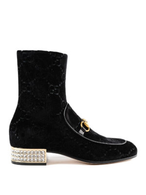 GUCCI: tronchetti - Stivaletti in velluto GG con tacco decorato