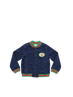 GUCCI: casual jackets - Blue denim bomber with patch
