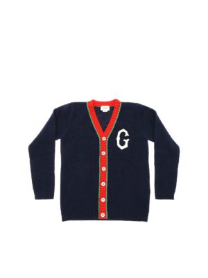 GUCCI: knitwear - Blue cardigan with white G