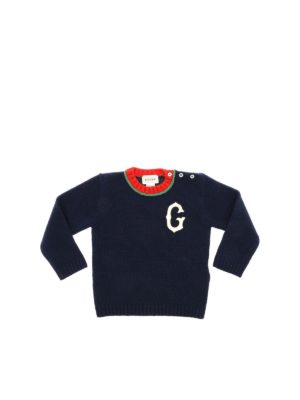 GUCCI: knitwear - Blue pullover with front G logo