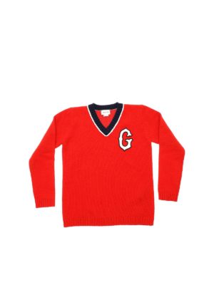 GUCCI: knitwear - Red V-neck pullover with white G