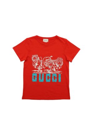GUCCI: t-shirts - Tiger print t-shirt in red