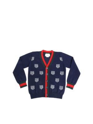 GUCCI: Turtlenecks & Polo necks - Blue cardigan with tiger inlays
