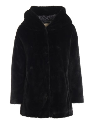 HERNO: Fur & Shearling Coats - Black hooded faux fur coat