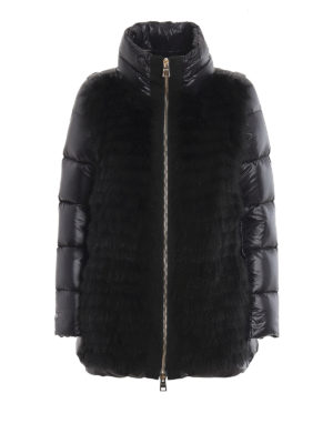 HERNO: padded coats - Fur panelled black padded coat