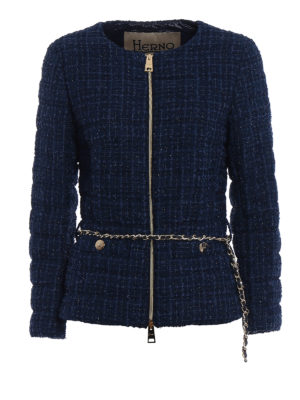 HERNO: giacche imbottite - Piumino bouclé blu con cintura
