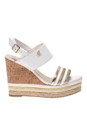 HOGAN: sandali - Zeppe bianche in pelle e glitter oro