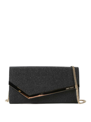 JIMMY CHOO: pochette - Clutch nera Emmie in pelle glitterata