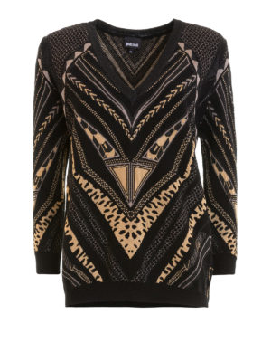 JUST CAVALLI: maglia collo a v - Pull con motivo geometrico e animalier