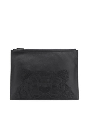 KENZO: clutches - Tiger black leather clutch
