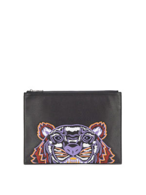 KENZO: clutches - Tiger black leather clutch