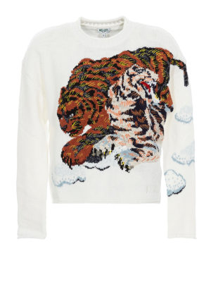 KENZO: Suéteres con cuello pico - Cloud Tigers - Blanco