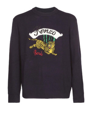 KENZO: maglia collo rotondo - Maglione in lana con intarsio Jumping Tiger