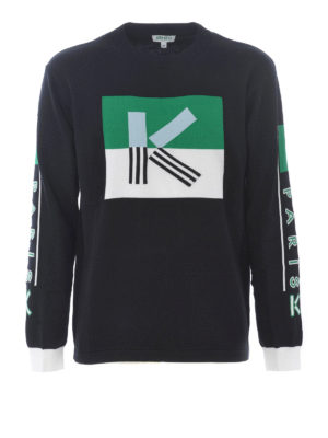 KENZO: maglia collo rotondo - Pull in misto cotone nero con logo intarsiato