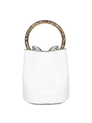 Marni: Secchielli - Borsa secchiello bianca con manico dorato