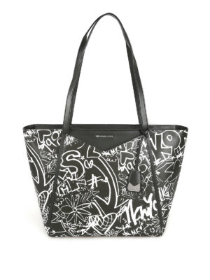 MICHAEL KORS: shopper - Shopper Whitney L in pelle nera con stampa