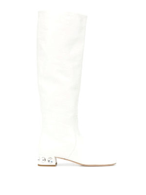 MIU MIU: stivali - Stivali bianchi in pelle impreziositi