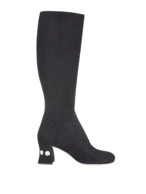 MIU MIU: stivali - Stivali in camoscio con cristalli