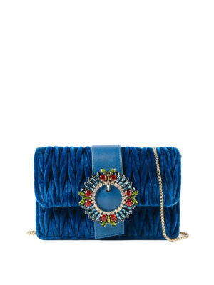 MIU MIU: pochette - Clutch gioiello cobalto in velluto matelassé