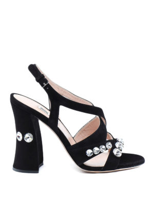 MIU MIU: sandali - Sandali in camoscio con cristalli
