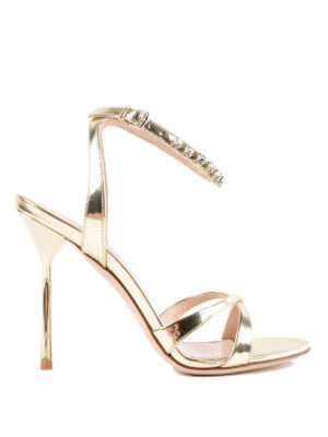 MIU MIU: sandali - Sandali alti dorati con cinturino gioiello