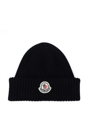 MONCLER: berretti - Berretto blu scuro in lana a coste