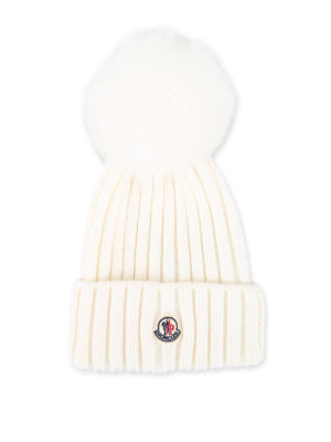 MONCLER: berretti - Berretto in lana con pompon in pelliccia