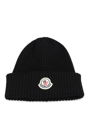 MONCLER: beanies - Rib knitted wool beanie