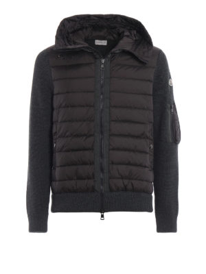 MONCLER: cardigan - Cardigan con zip cappuccio e nylon imbottito
