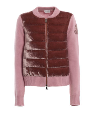 MONCLER: cardigan - Cardigan in lana rosa con pannelli imbottiti