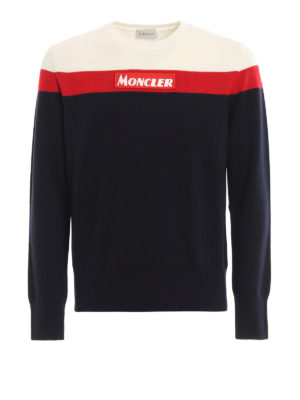 MONCLER: maglia collo rotondo - Maglione in lana con patch del logo
