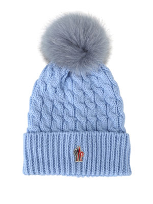 MONCLER GRENOBLE: berretti - Berretto lana a trecce celeste con pelliccia