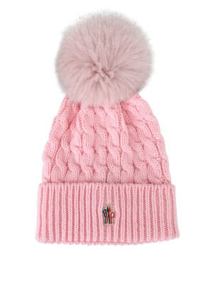 MONCLER GRENOBLE: berretti - Berretto in lana a trecce rosa con pelliccia