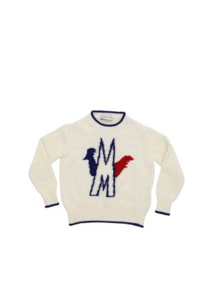MONCLER JR: knitwear - Blue and red inlaid pullover in white