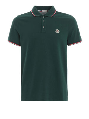 MONCLER: polo - Polo in cotone piqué verde con bordi a righe