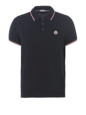 MONCLER: polo - Polo blu notte in piqué con bordi tricolori