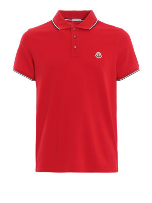 MONCLER: polo - Polo in cotone piqué rosso con bordi a righe