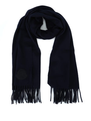 MONCLER: sciarpe e foulard - Sciarpa in panno di lana blu con frange