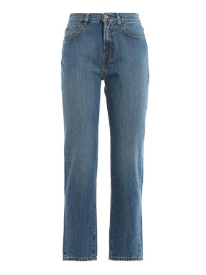MONCLER: straight leg jeans - Logo patch denim jeans