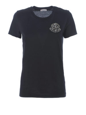 MONCLER: t-shirt - T-shirt in cotone nero con logo ricamato