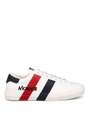MONCLER: sneakers - Sneaker in pelle bianca con bande tricolori