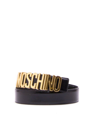 MOSCHINO: cinture - Cintura nera in pelle con maxi logo